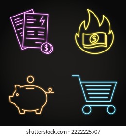 Inflation and consumption neon icon set in line style. Energy bills, money saving symbols. Vector illustration.