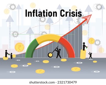 Beschreibung der Inflationskrise mit zunehmendem Graph und Indischer Währungsmünzen - Symbol-Illustration 