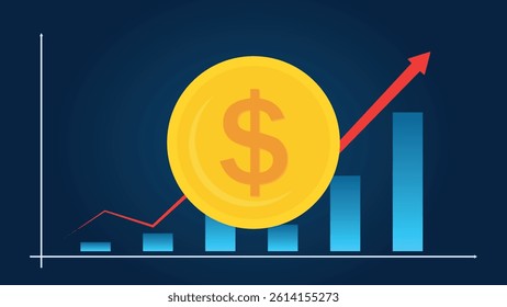Inflation crisis, global economic recession chart, dollar coin, bar graph, blue color background, Stock market interest rate change