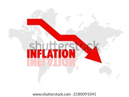 Inflation and crisis going down. World map. Red arrow.