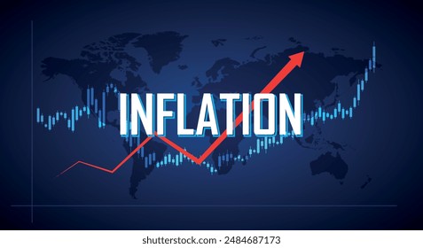 Inflation crisis graph, global economic recession chart, blue color banner, world map background, Stock market interest rate change