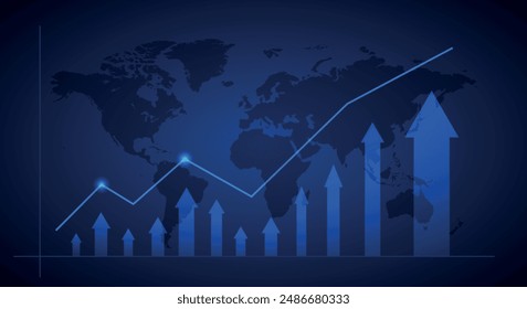 Gráfico de crisis de inflación, gráfico de recesión económica global, Anuncio de color azul, fondo del mapa del mundo, variación de la tasa de interés del mercado de valores, espacio de texto para texto