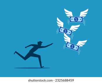 Crisis de inflación. hombre persiguiendo billetes escapados 