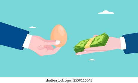 inflation or decline in currency value, businessman hand exchanges a wad of money for one egg