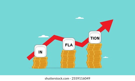 inflation, decline in currency value, US dollar inflation, rising property prices and basic necessities product, world economics crisis, world oil prices increase, rising pile of coins and item price