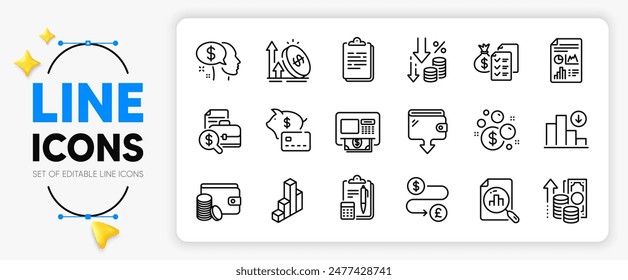 Los iconos de línea Inflación, Gráfico decreciente y Método de pago definidos para el App incluyen Documento de informe, Informe contable, Icono delgado de esquema de Portapapeles. Gráfico 3d, deflación, icono de pictograma de hucha. Vector