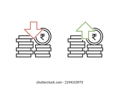 Inflation and deflation concept. Stack of coins with Indian rupee sign. Outline thin line flat style.