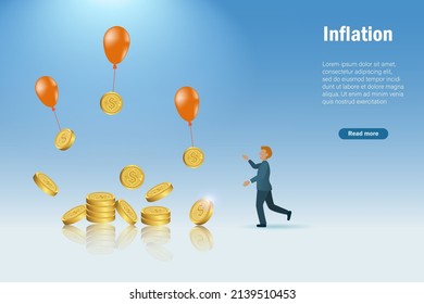 Inflation, deflation, money lost concept. Businessman chasing flying money on balloon. Profit lost, value reduce due to global financial economic crisis.