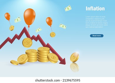 Inflation, deflation, money lost concept. Decrease graph with flying money on balloon. Profit lost, value reduce due to global financial economic recession.