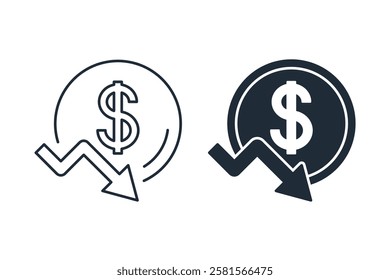 Inflation, devaluation.  Financial decrease, rate business fall, money failure,investment loss. Vector linear icon isolated on white background.
