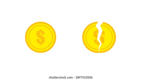 Inflation dollar. Cracked broken coin icon in flat. Money isolated vector illustration