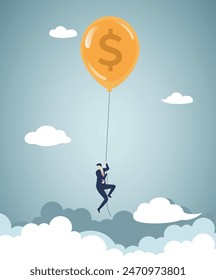 Inflation. Dollar crisis and currency appreciation. Businessman floating with dollar balloon