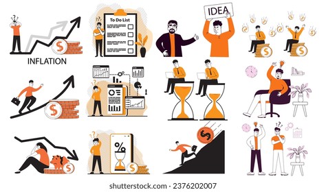 Inflation dollar.Financial crisis.Businessman sitting on coins.Successful investor.Talking and thinking.Brainstorm doodle.Time management deadline Man hourglass laptop.To do list.Data science.Big data