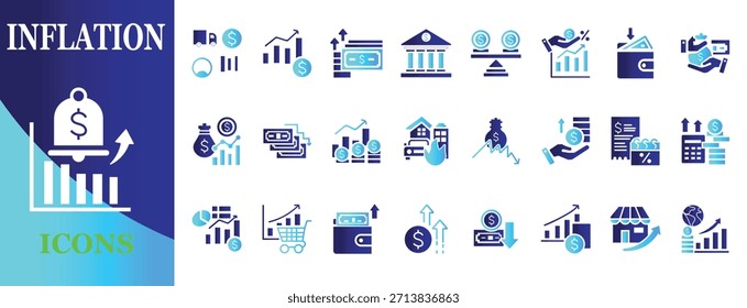 Conjunto de ícones de vetor de inflação e crise econômica. Símbolos de aumento de preços, finanças, valor monetário e recessão no estilo de gradação azul para infográficos de negócios.
