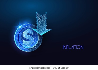 Inflación, recesión económica, crisis financiera concepto futurista con moneda de dólar y flecha abajo en brillante estilo poligonal sobre fondo azul. Ilustración vectorial de diseño de conexión abstracta moderna.