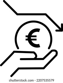 Inflation and economic recession icon. Depreciation of Euro. Money inside hand. Downward arrow. Outline. Isolate on white background. Vector