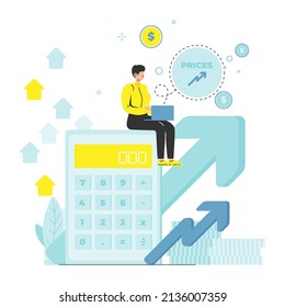 Inflación en la economía. Aumento de los precios al consumidor, pérdida de poder adquisitivo, disminución del valor monetario, ilustración vectorial.