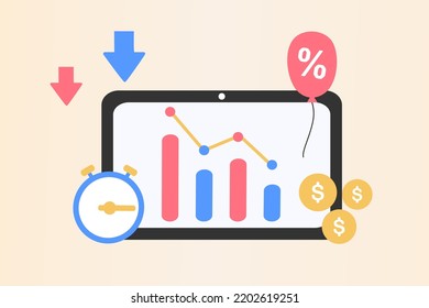 Inflación en la economía. Los bienes y servicios cuestan más valor. Aumento de los precios de los alimentos. Pérdida de poder adquisitivo, aumento de los precios al consumidor, caída del valor de la moneda, crisis financiera. Ilustración vectorial plana