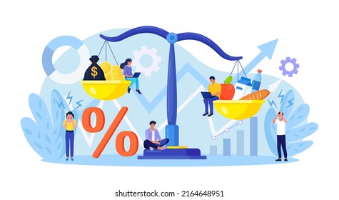 Inflation In Economy. Scales With Food And Gold Coins. Goods And Services Costs More Value. Rising Food Prices. Loss Of Purchasing Power, Increase In Consumer Prices, Fall Of Currency Value