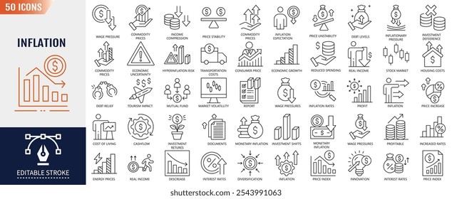 Inflation Editable Stroke Line Icon set. Containing Price Increase, Cost Surge, Inflation Rate, Economic Impact and Consumer Prices. Vector Illustration