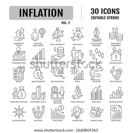 Inflation Editable Stroke Line Icon set. Containing Price Increase, Cost Surge, Inflation Rate, Economic Impact and Consumer Prices. Vector Illustration