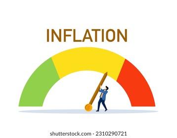 Estimación de la inflación o indicador de la inflación. Proceso de Gestión de Crisis Financiera. Buscando una solución al problema de la inflación. Inversor empresario con indicador de inflación. ilustración vectorial plana.