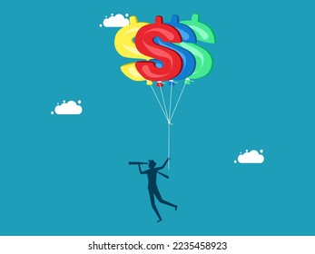  inflation expectations and monetary policy or capital gains. businessman flying in dollar balloons looking through telescopes