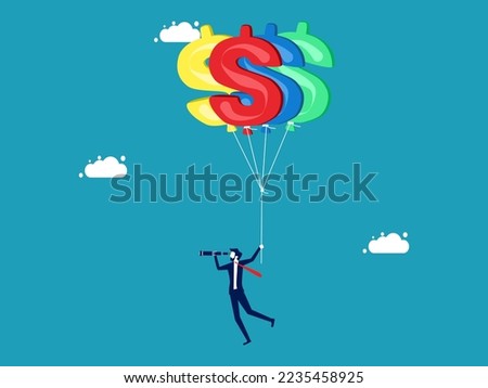  inflation expectations and monetary policy or capital gains. businessman flying in dollar balloons looking through telescopes