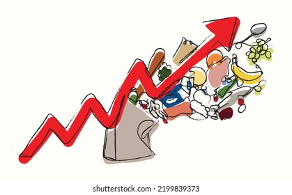 Inflation And financial crises Line Art. Price if grocery is rising shown by a line art