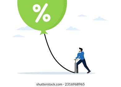 Inflación, crisis financiera, burbuja financiera. Mercado de valores sobrevaluado o inflación monetaria. crisis financiera global. Empresario inflando el porcentaje de globo de señas con bomba de neumáticos. ilustración vectorial plana.