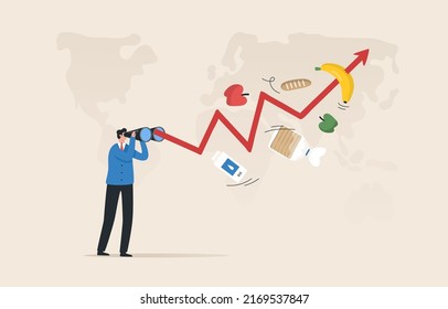 Inflation financial crisis. Food price inflation. Crisis and rising commodity prices concept. Recession inflation. The graph of rising consumer product prices around the world.