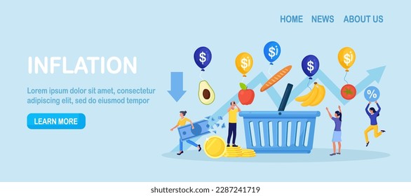 Inflation, financial crisis. People trying to catch groceries flying away from shopping bag with inflation bubbles. Rising food cost and products prices. Recession causing grocery price rising up