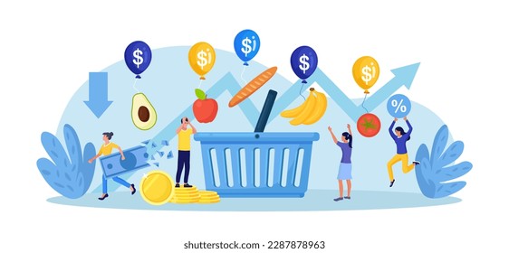 Inflation, financial crisis. People trying to catch groceries flying away from shopping bag with inflation bubbles. Rising food cost and products prices. Recession causing grocery price rising up