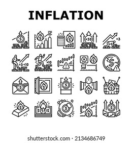 Inflation Financial World Problem Icons Set Vector. Core And Rate Inflation, Stagflation Online Market And Finance Hyperinflation, Deflation Money And Food Asset Black Contour Illustrations