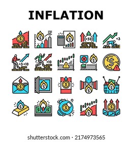 Inflación El Vector De Los Iconos De Problemas Del Mundo Financiero. Inflación Básica Y Tasa, Estanflación En Línea Mercado Y Finanzas Hiperinflación, Deflación Dinero E Ilustraciones De Color De Los Activos Alimentarios