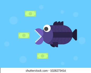 Inflation, fish eats coins, money, vector