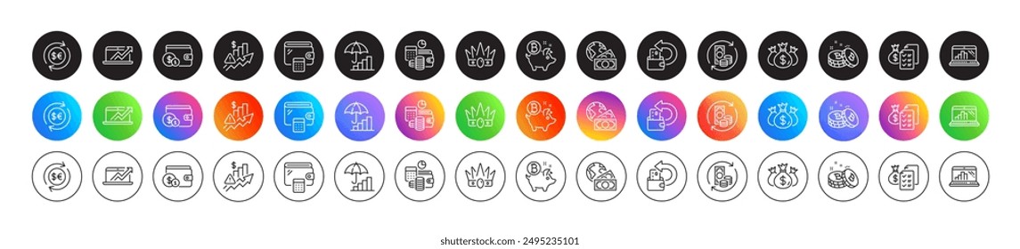 Inflation, Graph laptop and Rise price line icons. Round icon gradient buttons. Pack of Check investment, Wallet, Bitcoin icon. Change money, Money currency, Cash back pictogram. Vector