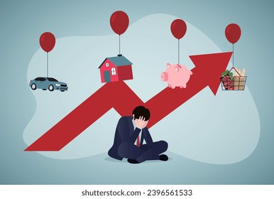 Inflación, aumento de precios. Cesta de compras con alimentos, casa, auto, ahorros atados a globos de aire.El hombre siente depresión