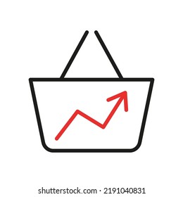 Inflation, High Price And Growth Of Food Sales Line Icon. Shopping Cart With Foods On Arrow Up. Growth Of Market Basket, Rising Commodity Prices Concept. Consumer Price Index, Crisis. Vector