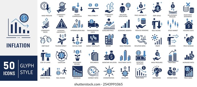 Conjunto de coleta de ícone de inflação. Conter O Aumento De Preços, O Aumento Dos Custos, A Taxa De Inflação, O Impacto Econômico E Os Preços No Consumidor. Ilustração de vetor