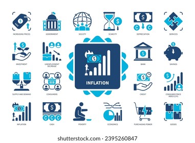 Juego de iconos de la inflación. Bienes, Oferta y Demanda, Escasez, Aumento de Precios, Poder Adquisitivo, Inversión, Economía, Depreciación. Iconos sólidos de color Duotone