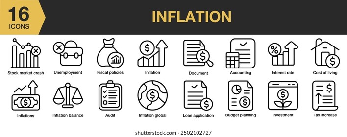 Conjunto de iconos de inflación. Incluye auditoría, planificación presupuestaria, tasa de interés, mercado de valores y más. Colección de Vector de iconos de contorno.