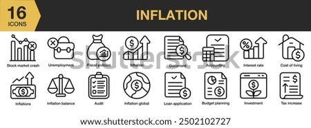 Inflation icon set. Includes audit, budget planning, interest rate, stock market, and More. Outline icons vector collection.