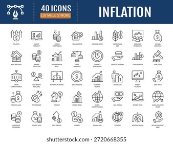 Conjunto de iconos de inflación. Incluye Precios, salarios, impacto en la economía, mercado, oleada, demanda, cadena de suministro, gasto, gasto, presupuesto, impuestos, ingresos y más. Ilustración vectorial con trazos editables