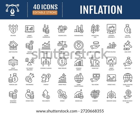 Inflation icon set. Includes prices, wages, economy impact, market, surge, demand, supply chain, spending, expense, budget, taxes, income and more. Vector illustration with editable strokes