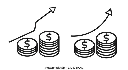 Juego de iconos de la inflación. símbolo de aumento de la tasa de interés o de ingresos. aumento del conjunto de iconos del vector de dinero. signo de pila de monedas de inversión de alto crecimiento. aumento del símbolo de deuda empresarial.