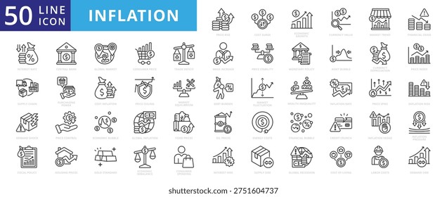 inflation icon set outline collection containing interest hike, purchasing power, supply side , trade deficit, wage increase, wealth inequality, gold standard, price ceiling