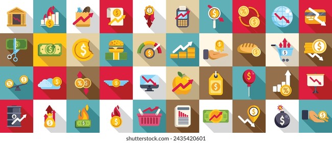 Iconos de inflación conjunto vector plano. Incremento de costos. Valor de aumento del oro empresarial