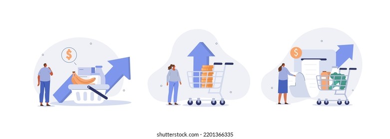 Inflation illustration set. Characters buying food in supermarket and worries about groceries rising price. Consumer price index growth and financial crisis concept. Vector illustration.