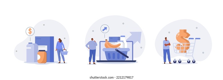 Inflation illustration set. Characters buying food in supermarket and worries about groceries price increase. Consumer price index growth and financial crisis concept. Vector illustration.